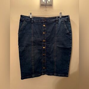 Esteez Button Front Denim Pencil Skirt | Modest Jean Skirt | Dark Wash Size 14